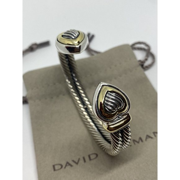 David Yurman DY 18K & 14K Sterling Silver Heart Cable Heavy Cuff Bracelet - Picture 7 of 10